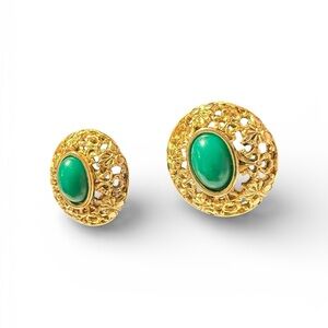 Vintage Gold tone and Green Filigree clip on Earrings